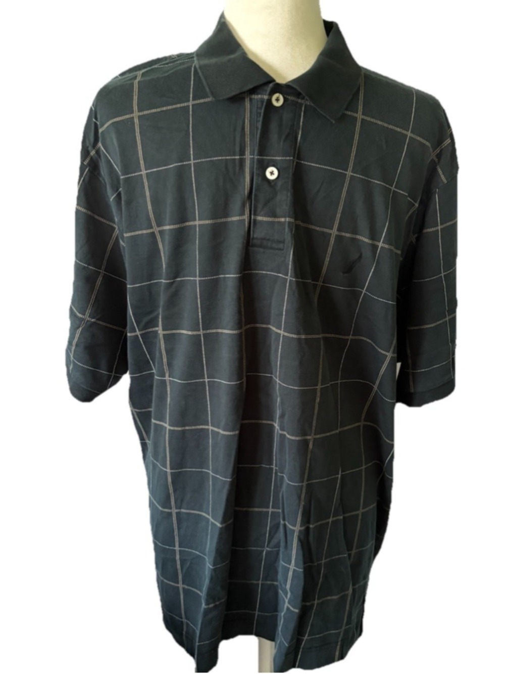 Nautica Men's XL Polo Shirt Green White Windowpane Grid Short Sleeve Cotton
